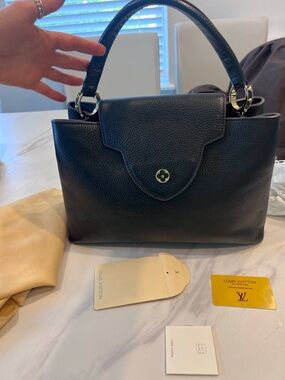 Louis Vuitton Black Pebbled Leather Top-Handle Satchel with Gold Accents